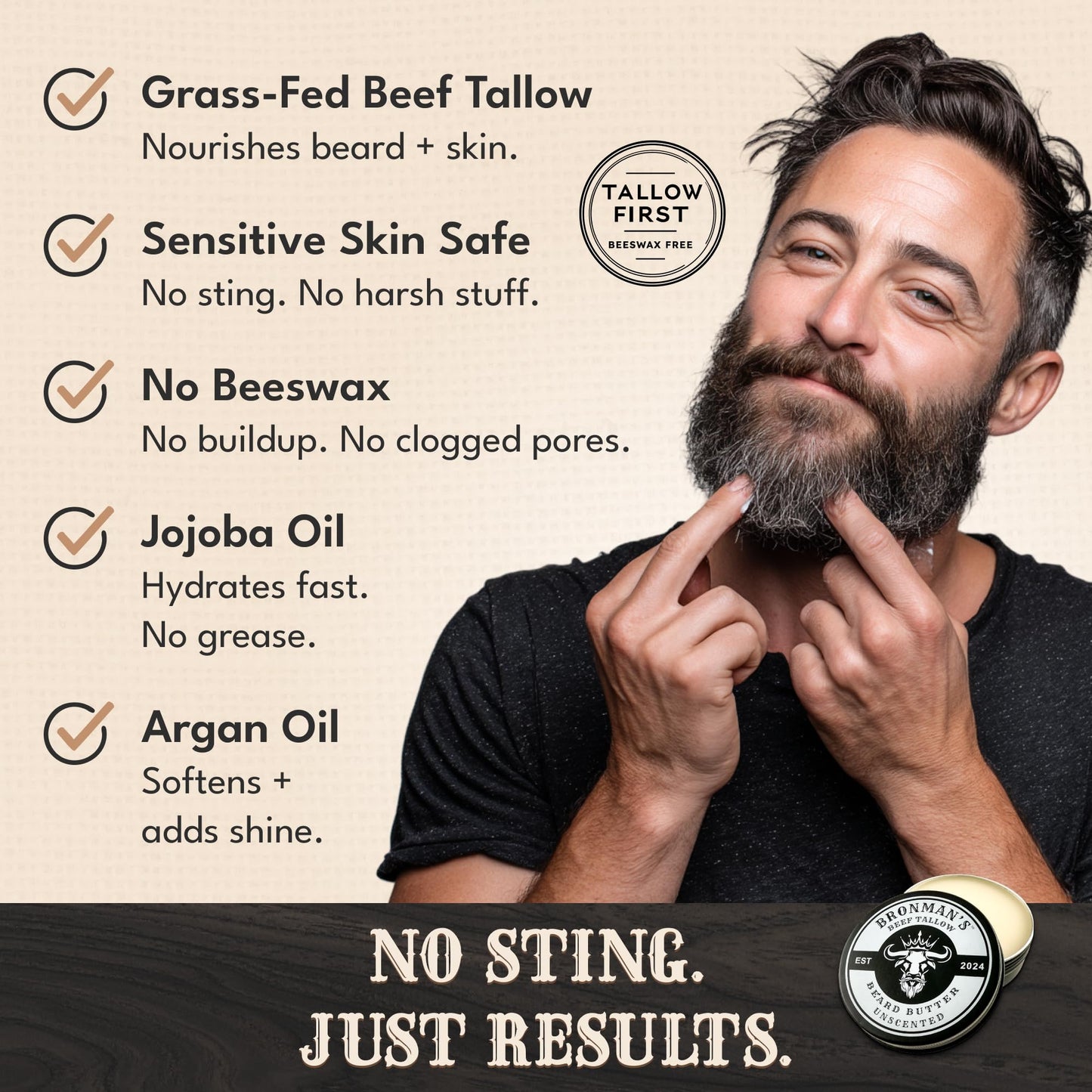 Bronmans Beef Tallow Beard Butter for Men - 4oz - Hydrating Unscented Beard and Skin Balm with Shea Butter - Deeply Moisturizing Tallow