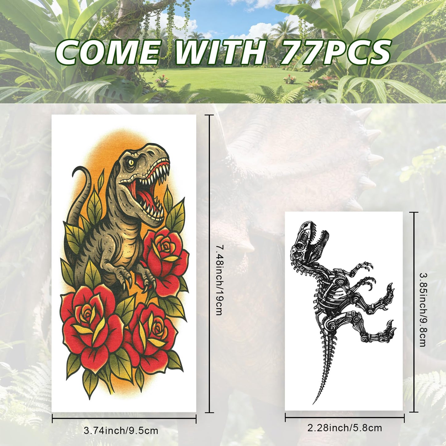 77 Sheets Dinosaur Tattoos for Kids, Realistic Waterproof Dinosaur Temporary Tattoos for Boys Girls, Safe Non-Toxic Fake Dinosaur Party Favors Tattoos