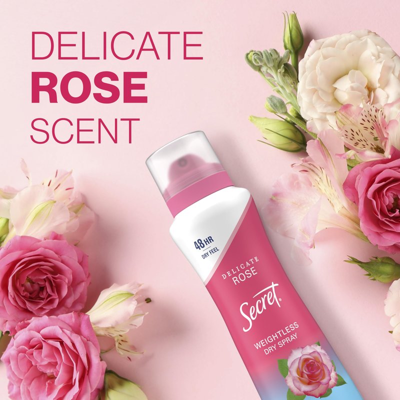 Secret Dry Spray Antiperspirant Deodorant for Women, 48hr Weightless Sweat & Odor Protection, Gentle on Skin, Delicate Rose Scent, 4.1 oz (Pack of 3)