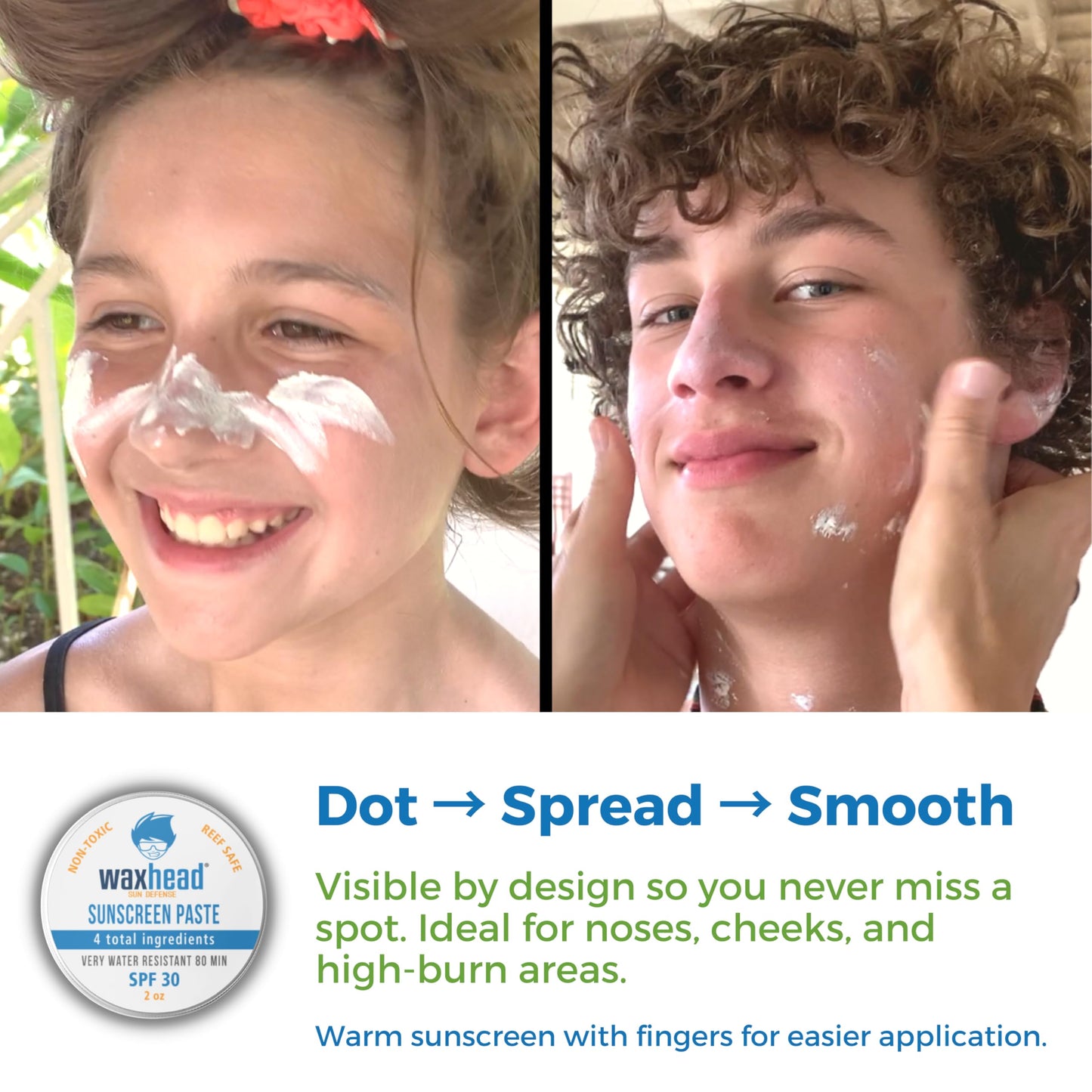 Waxhead Zinc Oxide Sunscreen Paste SPF 30, Nose Sunscreen Sunblock, Surf Lifeguard Face Protection, Reef Safe Mineral Formula for Sensitive Skin Kids, 80 Min Water Resistant, Travel Size 2 oz
