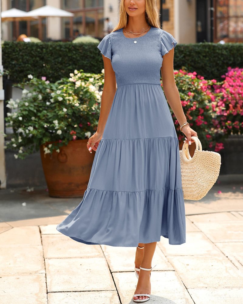 BTFBM Women Casual Short Sleeve Crew Neck Summer Dress Bohemian Floral Printed Flowy Maxi Dresses Tiered Cocktail Dress (Solid Light Blue, XX-Large)