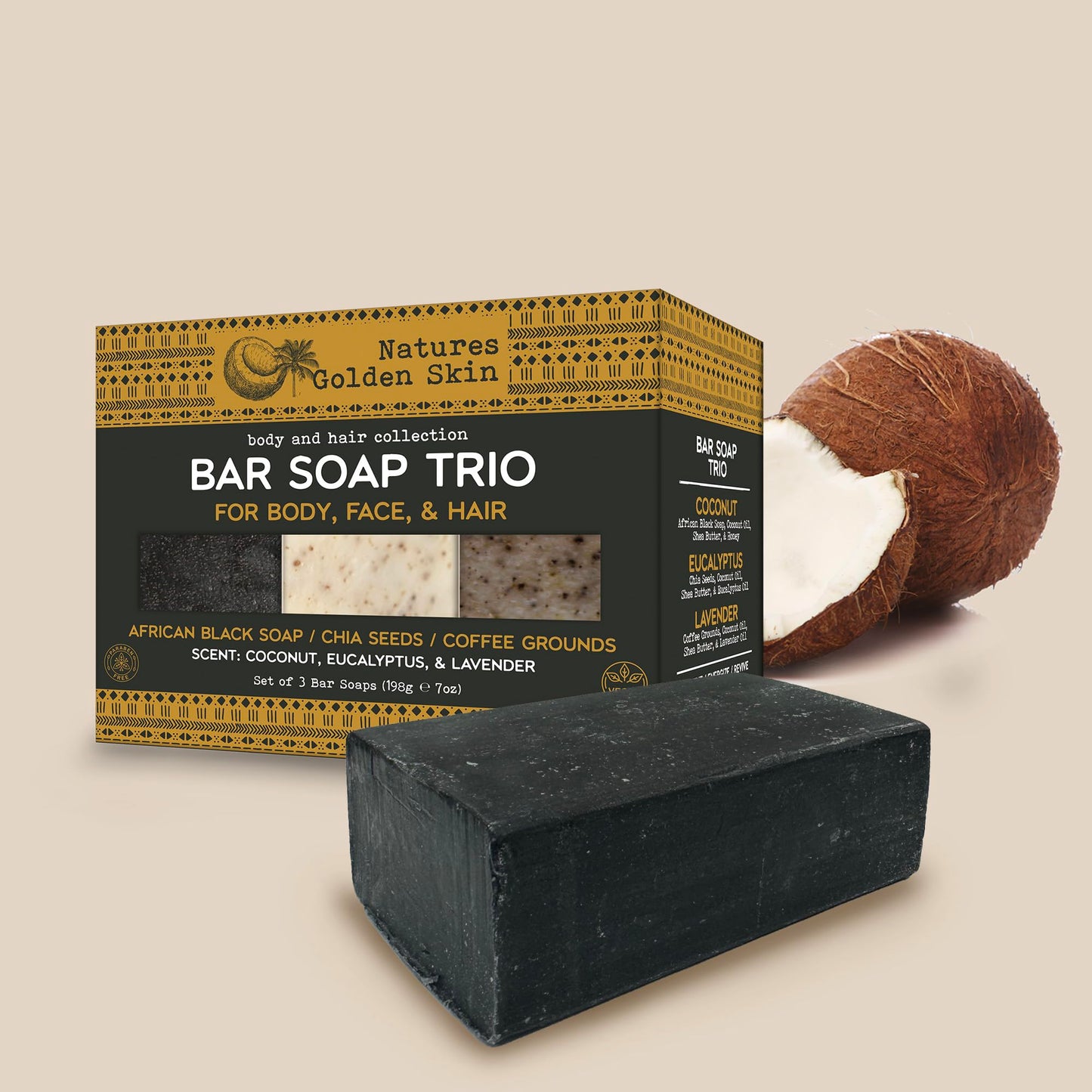 Nature's Golden Skin Bar Soap Trio for Body, Face, & Hair, Coconut, Eucalyptus, Lavender, 3 Bars (7 oz each) | Home and Body Company