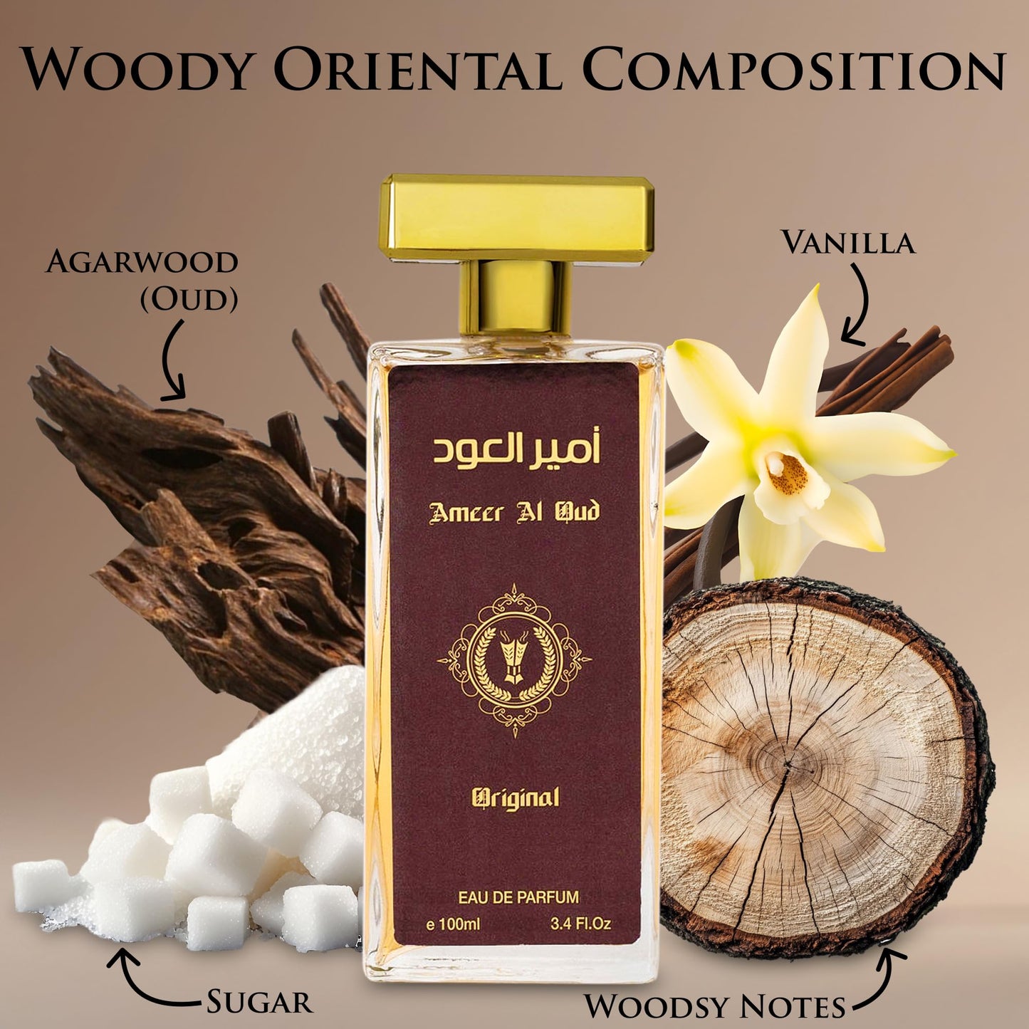 Ameer Al Oud for Men & Women - Wood, Oriental Earthy Fragrance - Top Notes of Agarwood, Vanilla & Sweet Sugar - Base Scents of Sandalwood & Herbal - Free of Paraben - Elegant 100ml Bottle