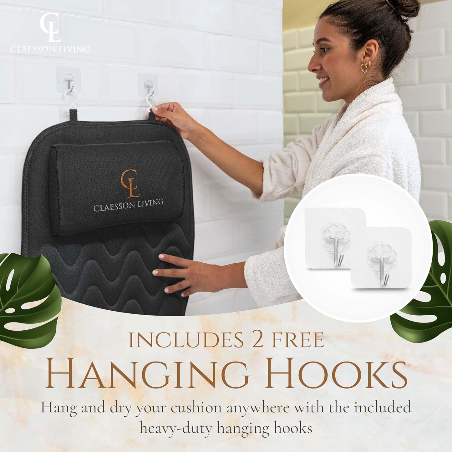 Full Body Bath Pillow - 17'' x 49'' Bathtub Cushion with Headrest for Neck, Back & Legs | Includes Hanging Hooks & Travel Bag - Black