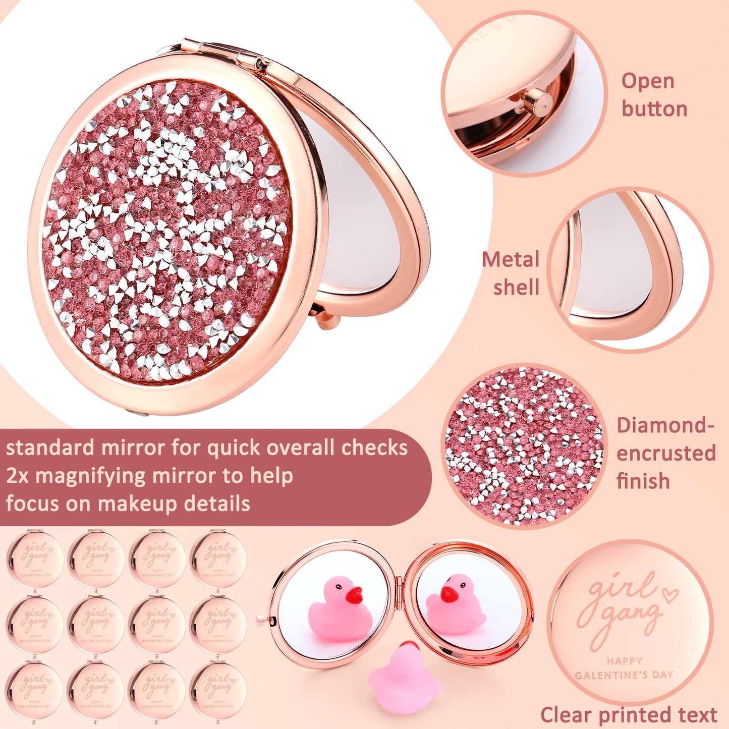 Thyle 12 Pcs Galentine's Day Gifts Compact Mirror for Purse, Double-Sided 1x/2x Magnifying, Metal Shell with Diamond, Galentines Folding Mini Pocket Travel Makeup Mirror for Women Friends Besties BFF