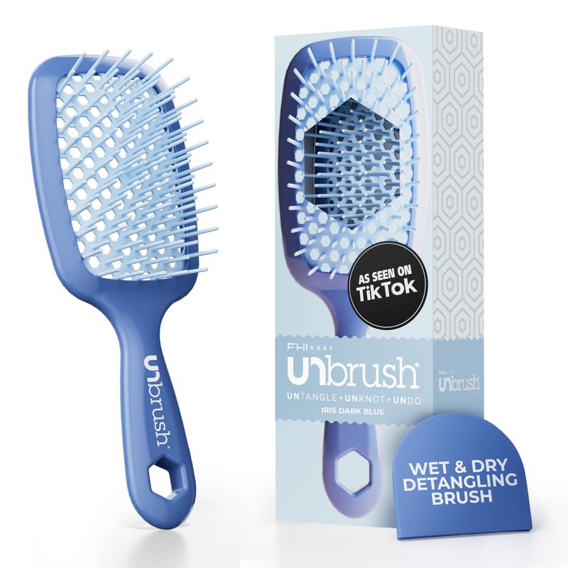 FHI Heat UNbrush Detangling Brush for Pain-Free Brushing on All Wet or Dry Hair Types — Durable DuoFlex Anti-Static Bristles, Lightweight Handle, Vented Hair Brush, Iris Dark Blue
