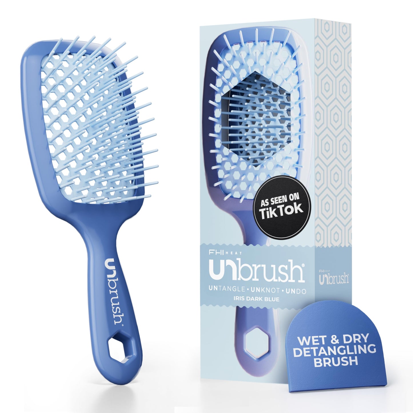 FHI Heat UNbrush Detangling Brush for Pain-Free Brushing on All Wet or Dry Hair Types — Durable DuoFlex Anti-Static Bristles, Lightweight Handle, Vented Hair Brush, Iris Dark Blue