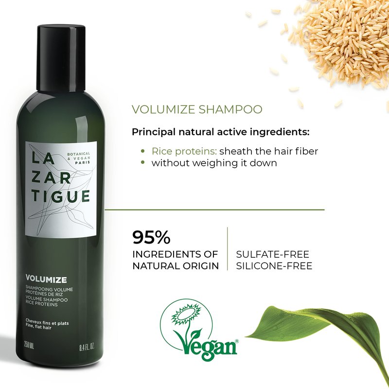 Lazartigue Volumize Shampoo, Rice Proteins, Adds Body & Shine to Fine Hair, Vegan, Sulfate & Silicone Free, 8.4 Fl Oz