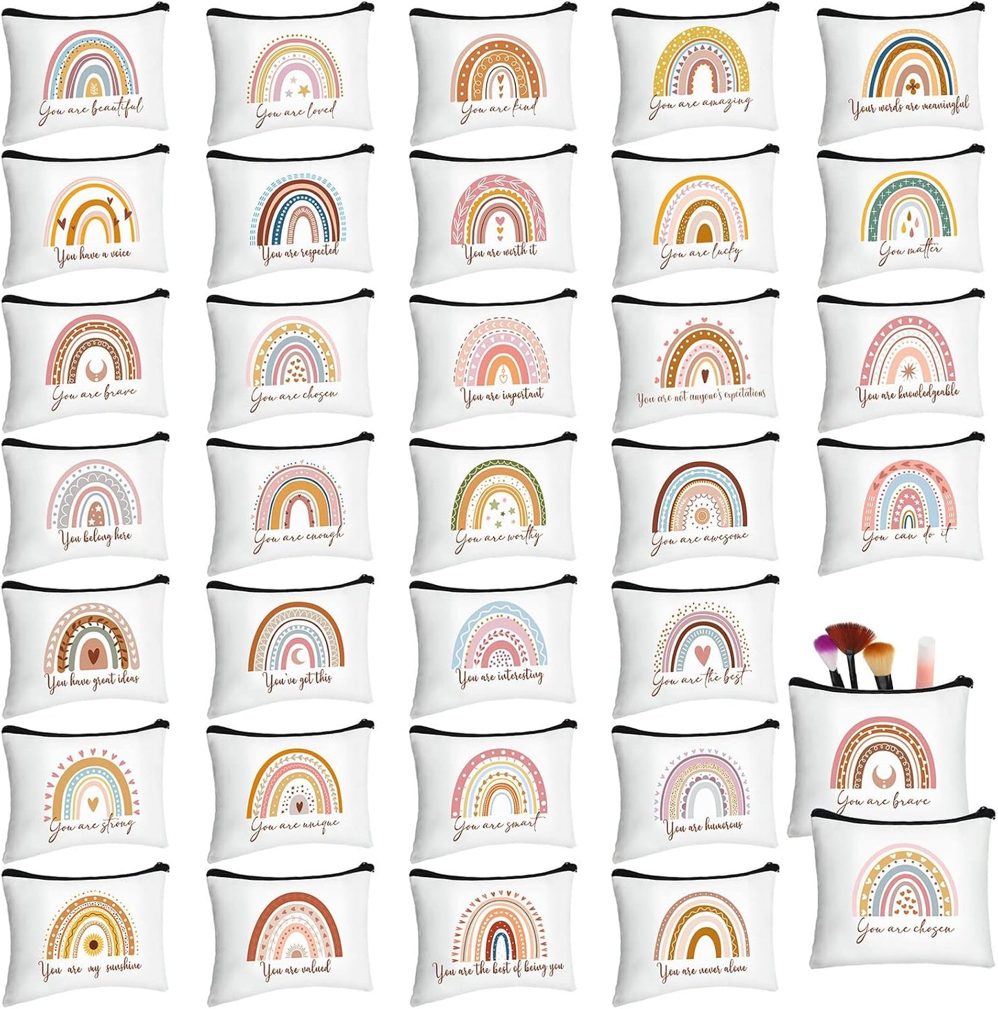 Rainbow Inspirational Makeup Bags - 32 Pcs Canvas Set for Women | Boho Travel Cosmetic Pouches