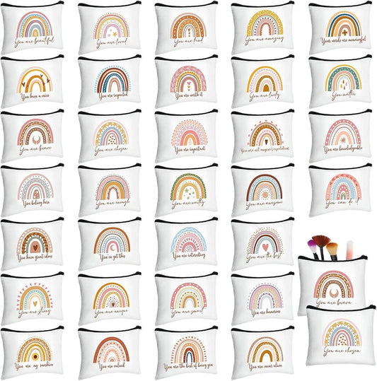 Rainbow Inspirational Makeup Bags - 32 Pcs Canvas Set for Women | Boho Travel Cosmetic Pouches