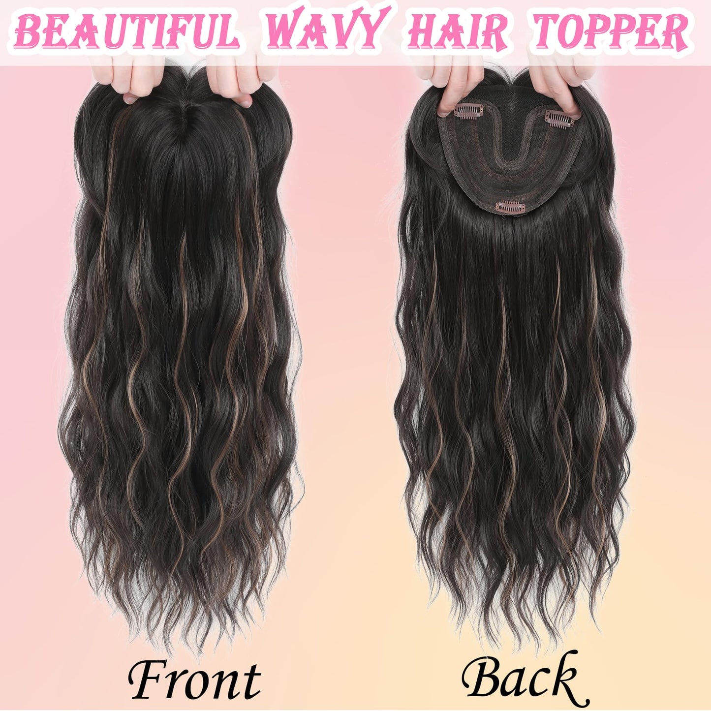 Hair Toppers for Women, 20 Inch Hand Tied Breathable Toppers Hairpieces for Women with Thinning Crown Middle Part Bangs Mix Human Hair Wavy Curly Lightweight Wiglets (Dark Brown Mixed Chestnut)