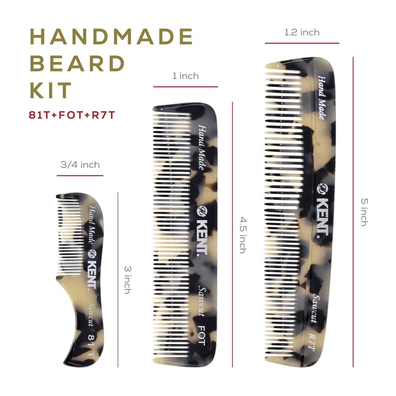 Kent Set Men's Hair Pocket Combs, T White 81T X-Small, FOT All Fine Tooth, R7t Double Toothed Fine and Coarse. Best Hair, Beard and Mustache Grooming Kit for Travel and Home Care, Handmade in England