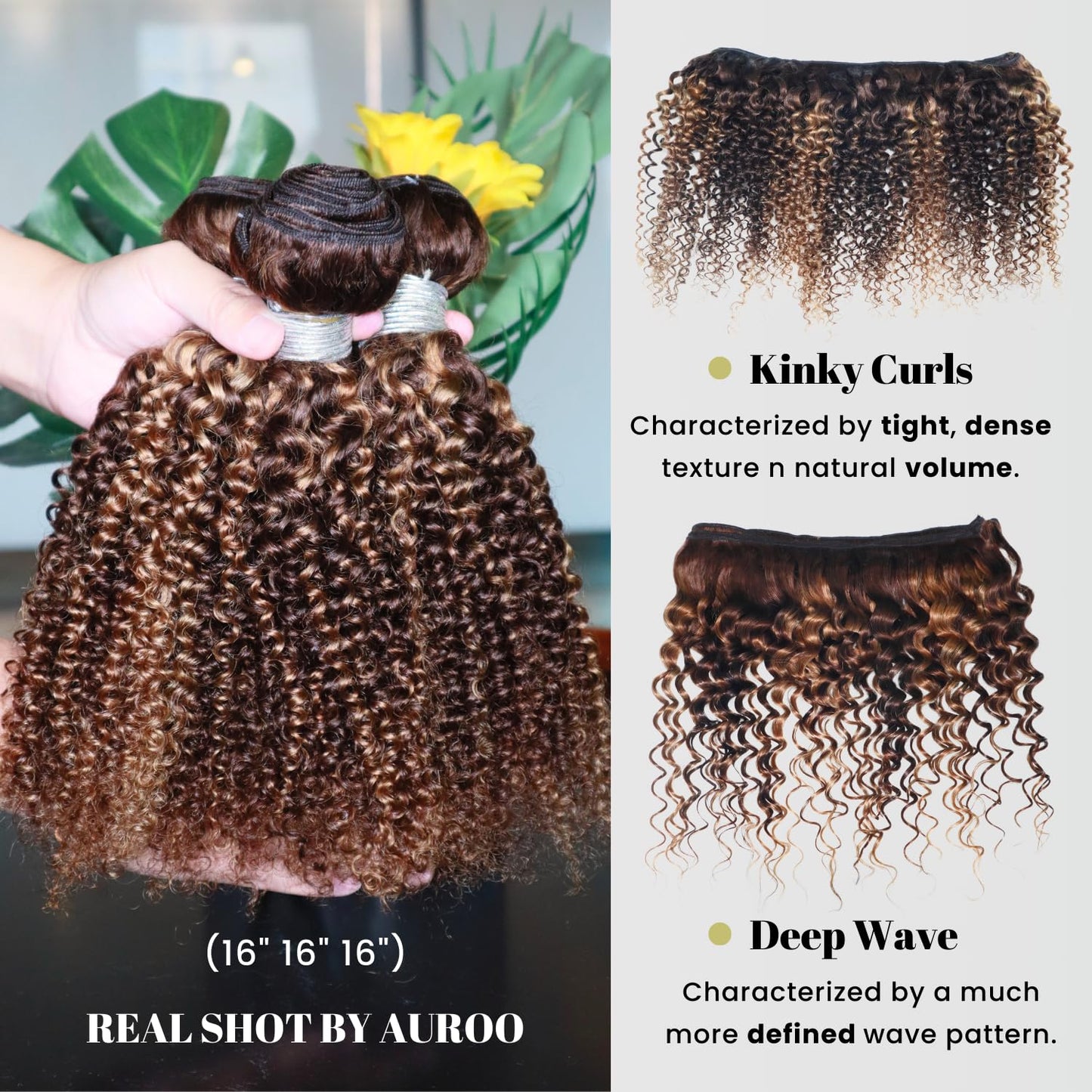 AUROO Honey Blonde Highlight Tight Kinky Curly Human Hair Single Bundles, 12A Brazilian Curly Weave Bundles Human Hair 100% Virgin Remy Bundle Ombre #P4/27 Colored Kinky Curly Thick Tracks Sew in 14In