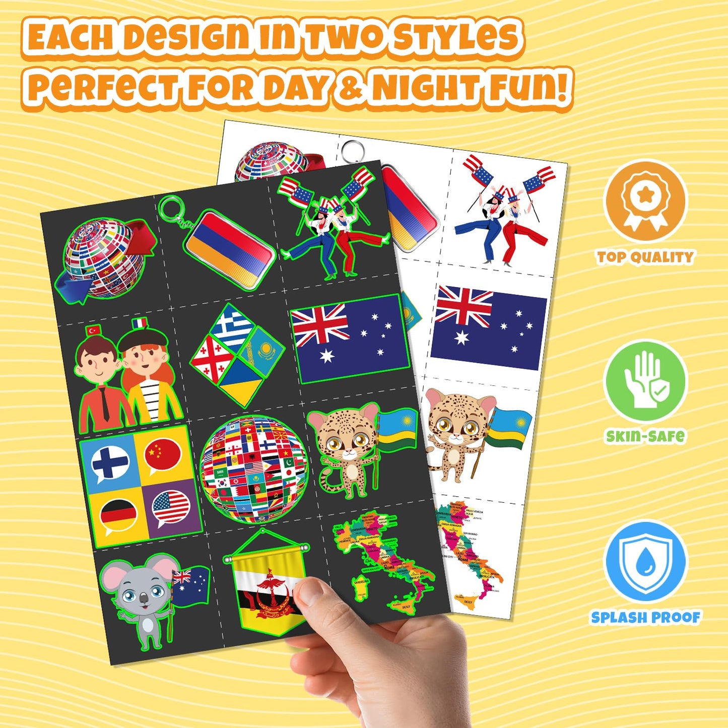 96 PCS World Flag Party Favors – 72 Pre-Cut Temporary Tattoos & 24 Slap Bracelets for Kids, Multicultural Birthday Supplies & Classroom Rewards