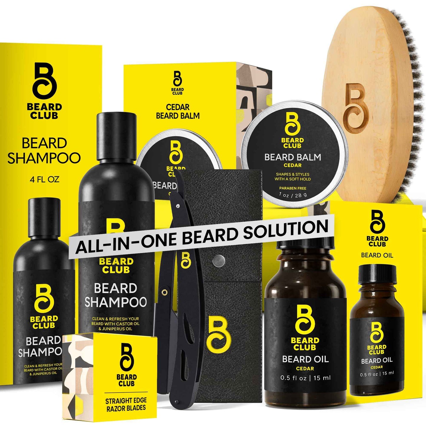 The Beard Club Beard Care Kit & Mens Grooming Kit - Essentials for a Healthier Looking, Stylish Facial Hair - Straight Edge Razor, Shampoo, Cedar Balm & Oil, and Boar Bristle Brush