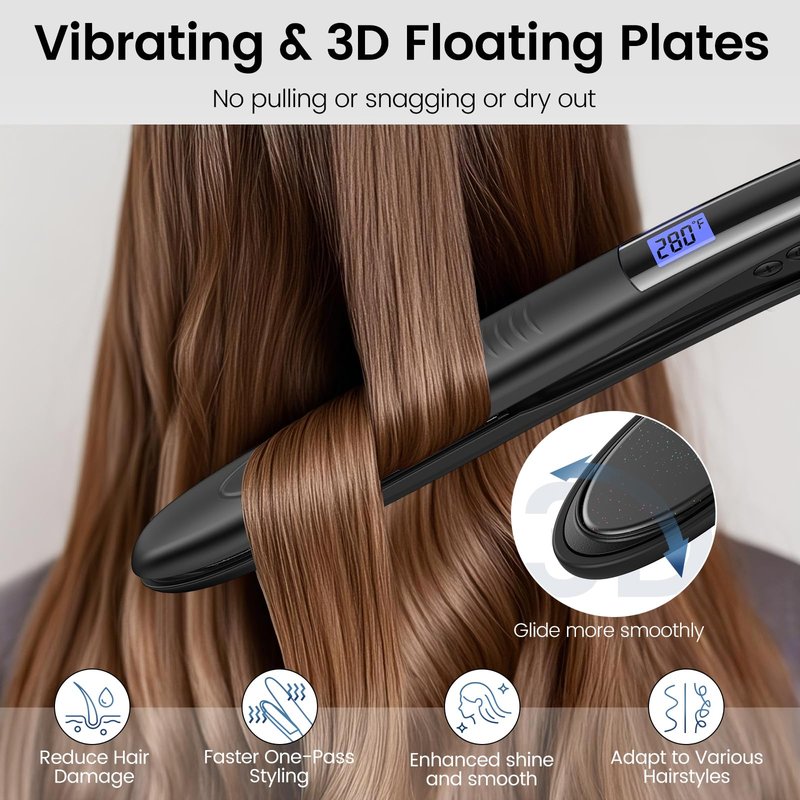 Brightup 2-in-1 Hair Straightener & Curler with 1" Vibrating Plates, Tourmaline Ceramic for Less Frizz & Shiny Smooth Hair, 20S Fast Heating, 10 Temp Settings & Auto Shut Off, Dual Voltage