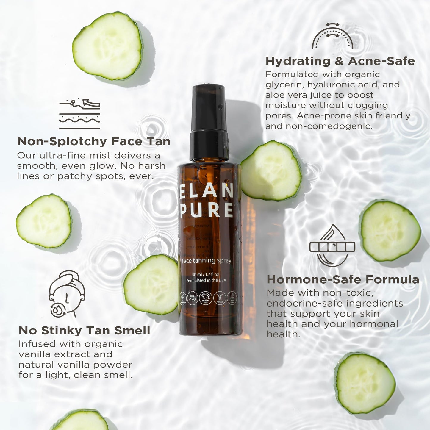 Elan Pure Face Tanning Mist, Organic Ingredients, Sunless Self Tanner, Bronzing, Hydrating, Streak-Free, Long Lasting Glow