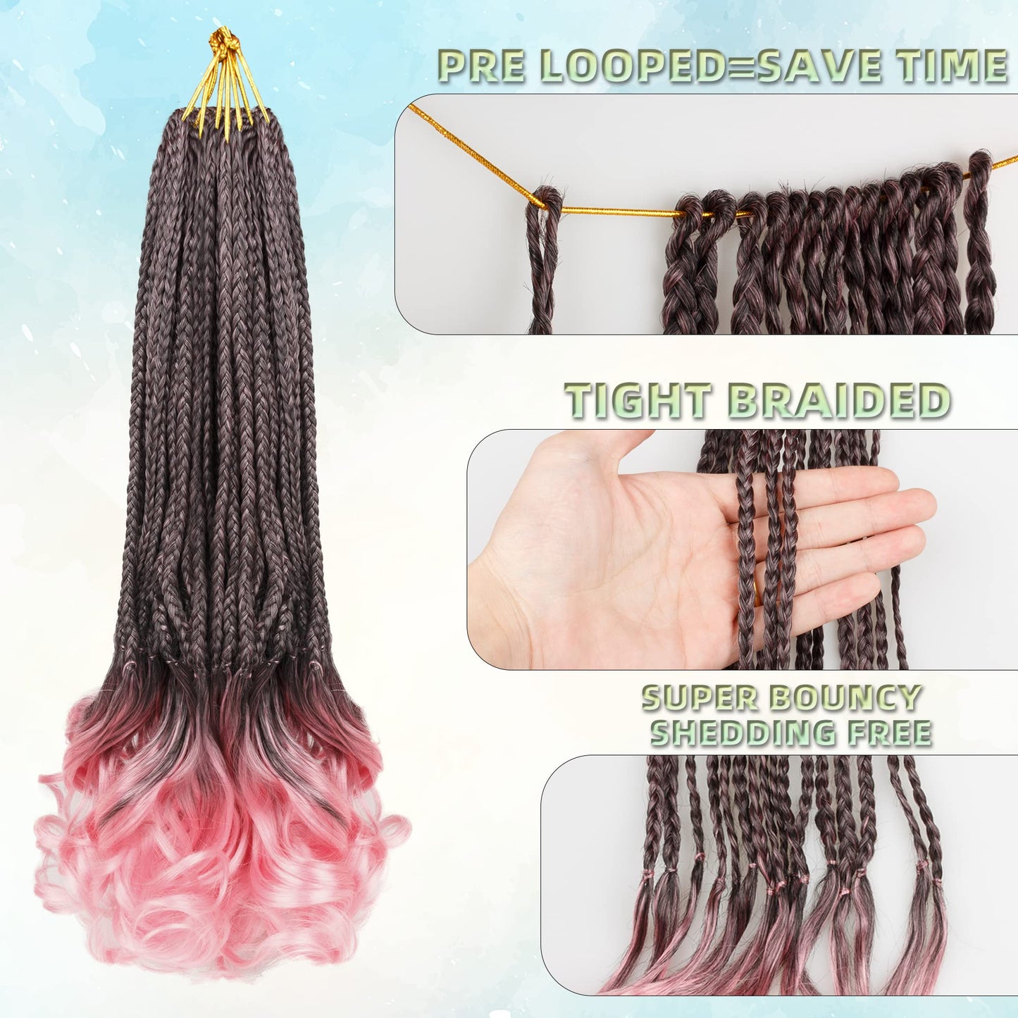 French Curl Crochet Braids for Black Women-18 Inches 8 Packs Goddess Box Braids,Ombre Pink Soft Pre Looped Braided Synthetic Hair Extensions with Curly Wavy Ends(18"-8 Packs,T1B/Pink)