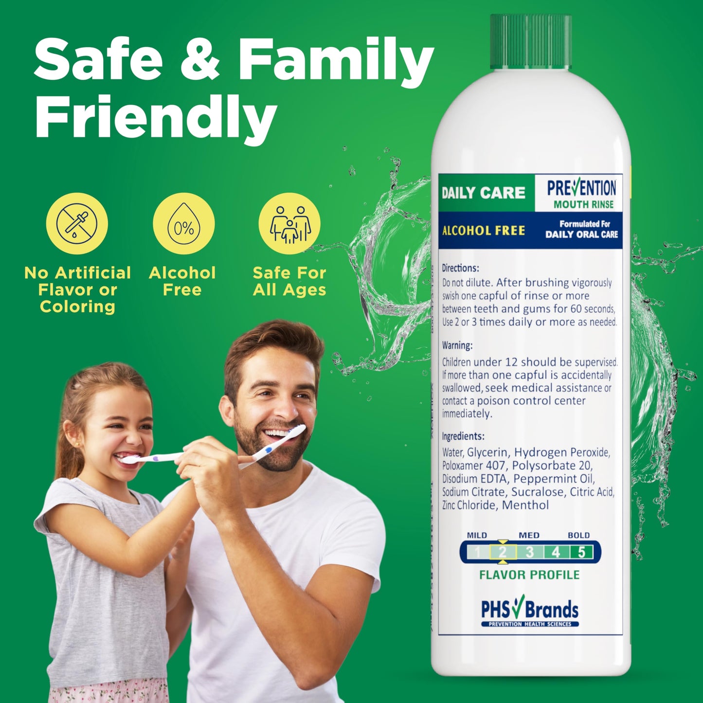 Prevention Daily Care Alcohol-Free Mouthwash, Hydrogen Peroxide Teeth Whitening with Soothing Fresh Mint for Bad Breath Treatment, Fluoride-Free Gum Care Oral Mouth Rinse 16 oz 4 Pack