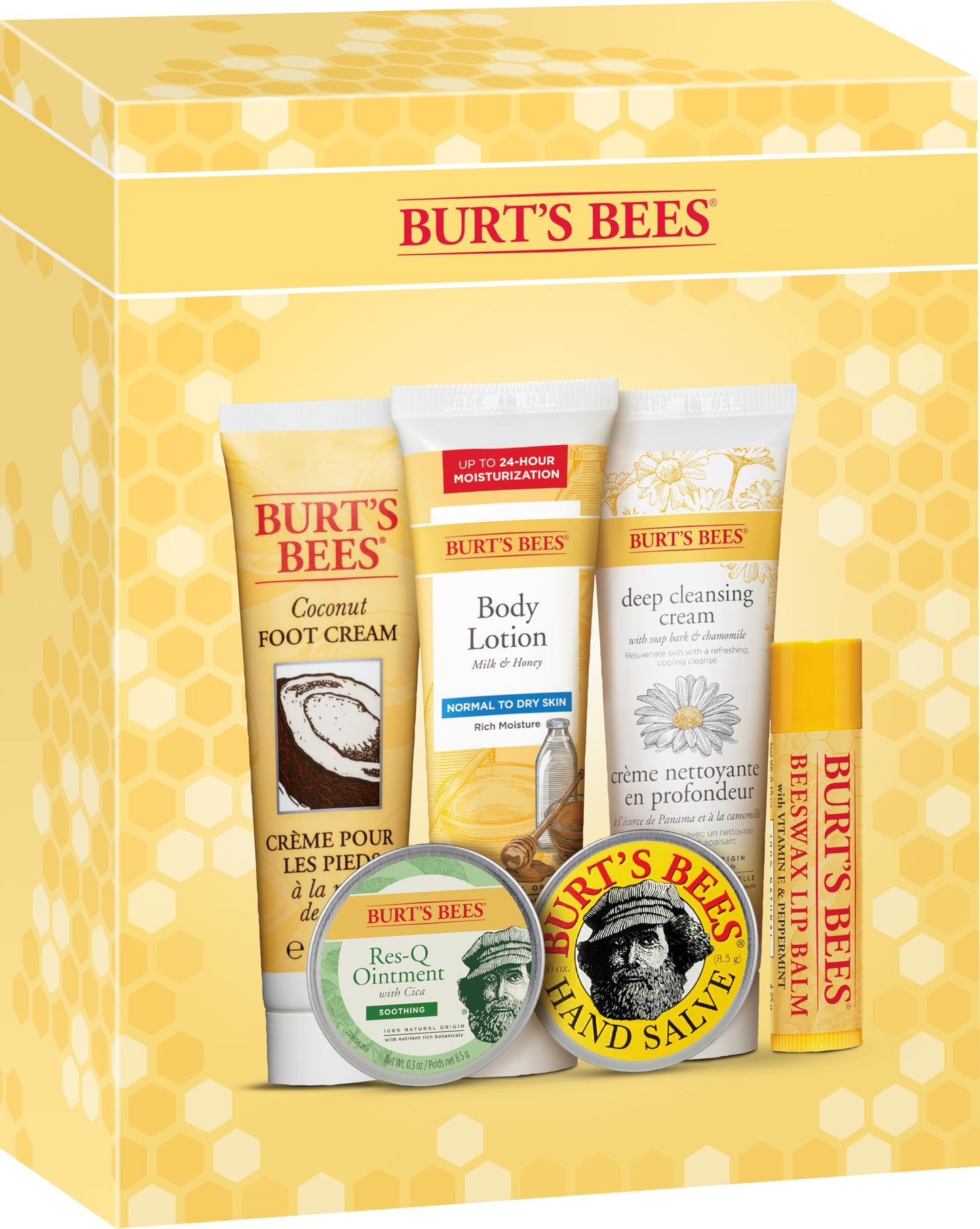 Burt's Bees Timeless Minis Kit, with Coconut Foot Cream, Milk and Honey Body Lotion, Deep Cleansing Cream, Res-Q Ointment, Hand Salve and Beeswax Lip Balm, natural origin skin care