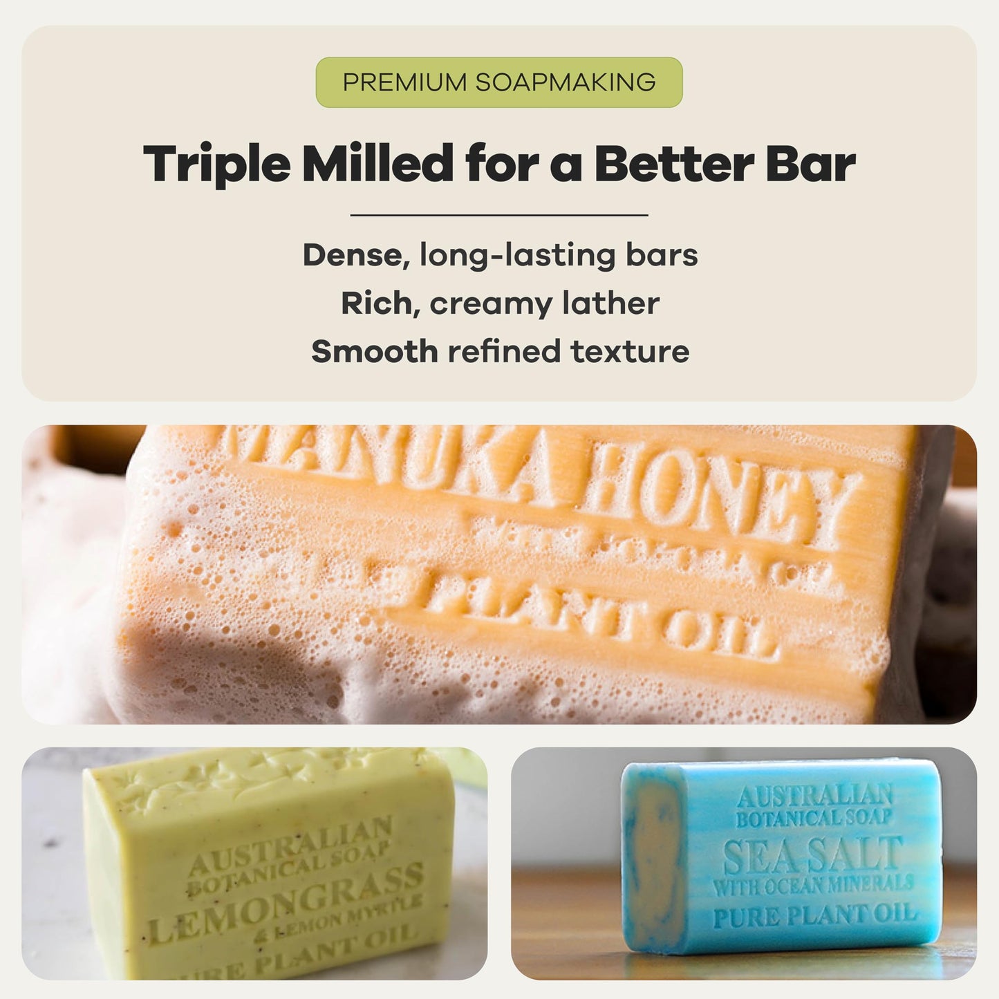 Australian Botanical Goats Milk Soap, Manuka Honey, Lemongrass and Sea Salt 6.6 OZ, Luxury Soap Bars Enriched with Shea Butter, Suitable for all Skin Types, Pack of 4