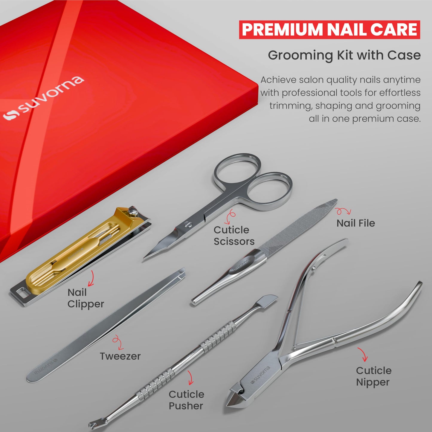 Suvorna Manicure kit with Cuticle Nippers, Nail Clippers, Nail Scissors, Cuticle Pusher, Nail File & Tweezer - Made with Stainless Steel - Nail Care kit for women, men, seniors, adults. (Red, 6 Pcs)