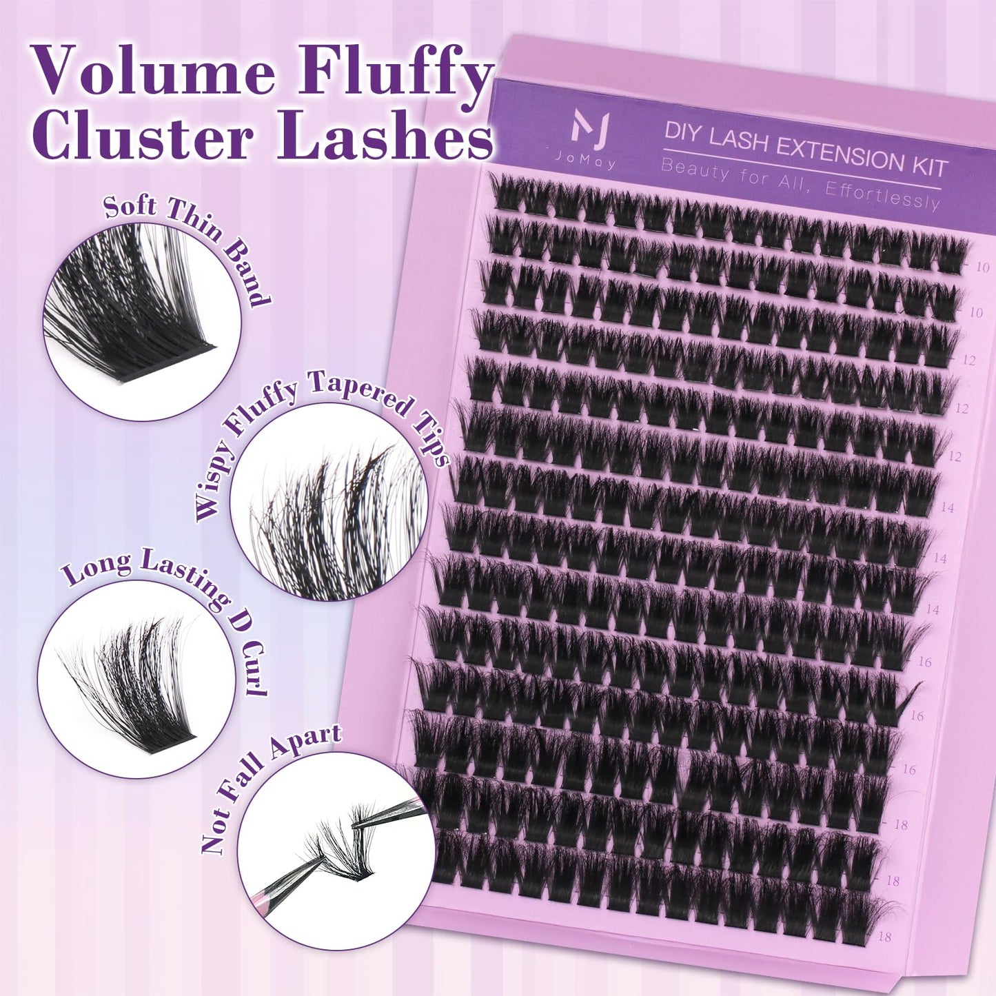 JoMay Lash Clusters Kit 560Pcs Cluster Eyelash Extensions Wispy Individual Volume with Lash Bond and Seal Waterproof, Includes Tweezers & Glue - Beginner Friendly D Curl 10-18mm(30D/40D/60D/100D)