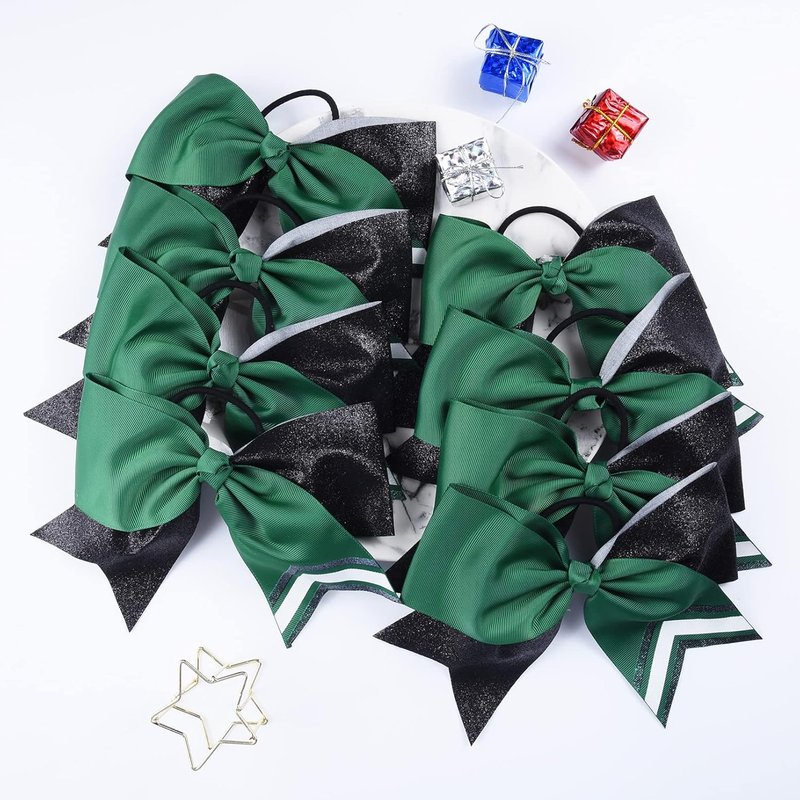 Large Glitter Cheer Bows - 8PCS Two-Toned Shiny Hair Accessories for Cheerleaders | Black/Green