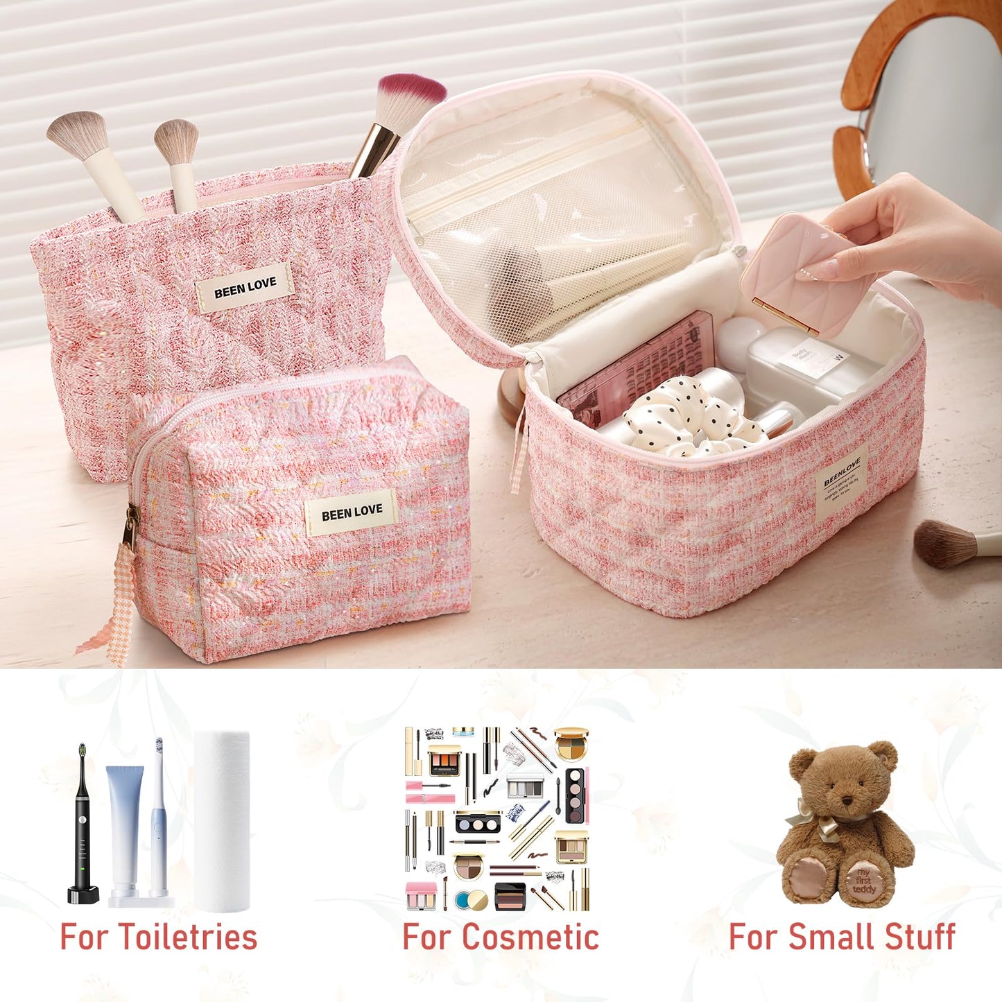 Large Makeup Bag Floral Cosmetic Bag Quilted Flower Travel Makeup Toiletry Bags Set Organizer Cotton Cute Make Up Accessories Zipper Bags Pouch Travel Essentials Gifts for Women Teen Girls Pink