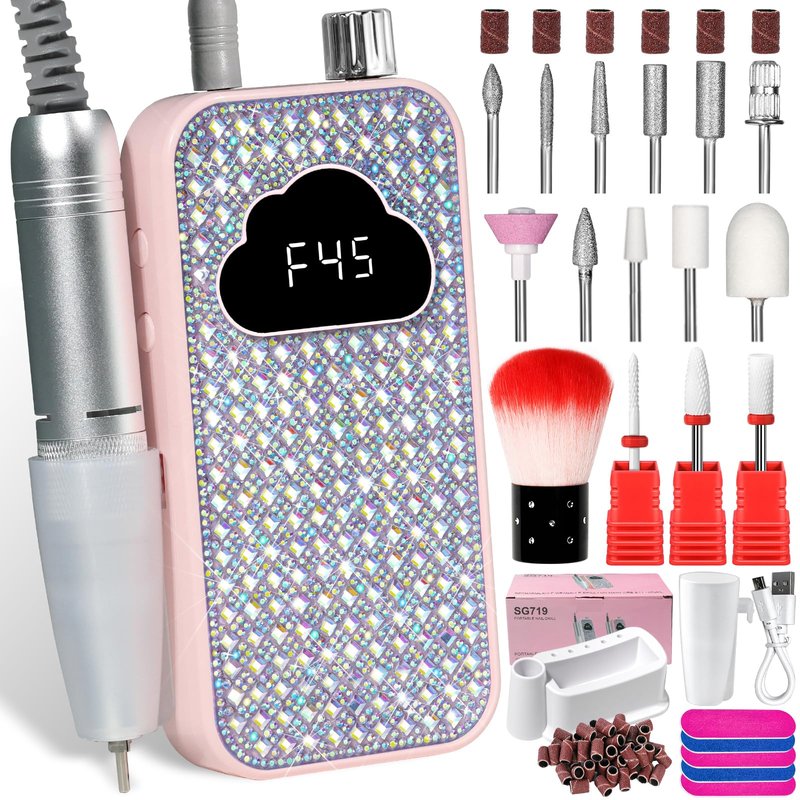 LIMEGIRL Professional Electric Nail File Drill Bits Kit 45000RPM for Acrylic Toenail Machine Clippers with 14 Drill Bit Gradient Pink Glitter Portable Rechargeable Cordless