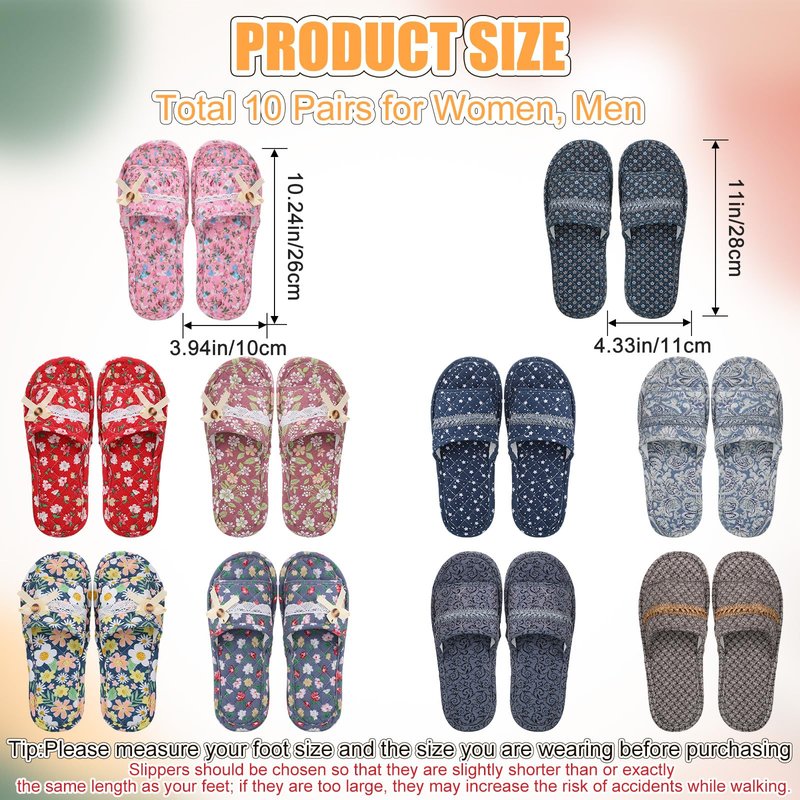Chuarry 10 Pairs Floral Cotton House Slippers for Guest Women Washable Indoor Cotton Slippers Comfortable Soft Open Toe Slipper Portable Foldable Slipper for Hotel Travel Airplane Spa, 2 Sizes
