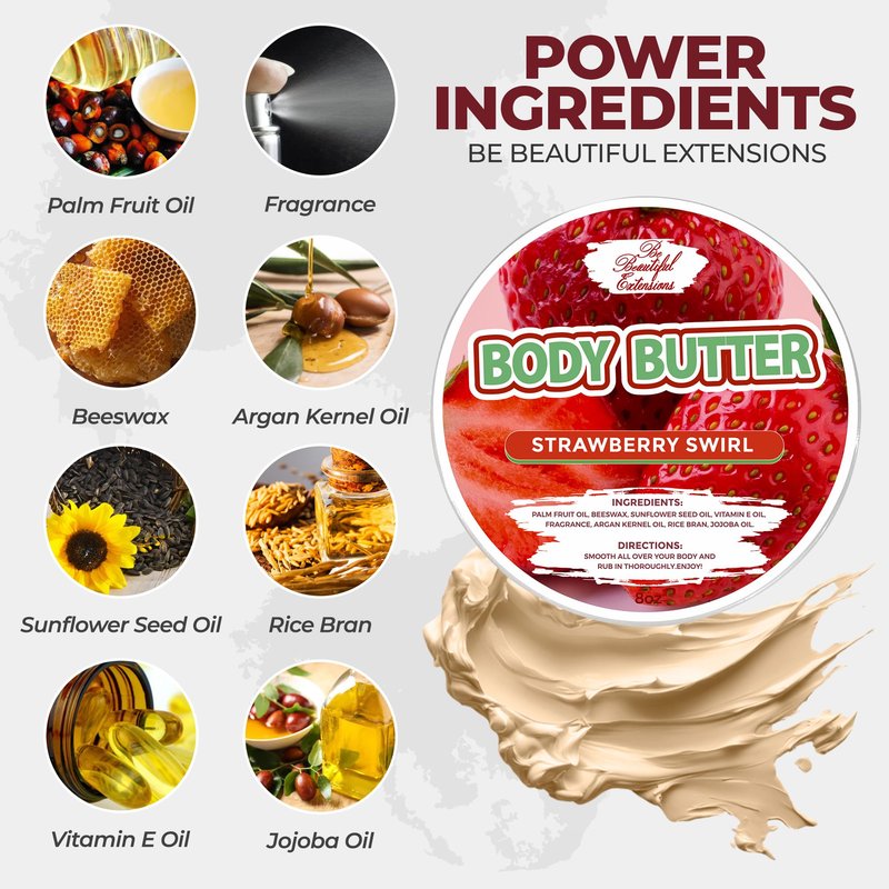 BE BEAUTIFUL EXTENSIONS body butter strawberry scent long -lasting fragrance,hydrate skin jojoba oil and more 8oz