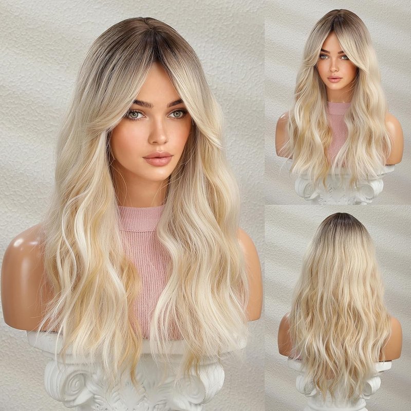 Wavy Blonde Wig with Bangs - Ombre Curtain Bangs, Long Ash Blonde Hair | Heat-Resistant Synthetic Wig for Halloween & Cosplay