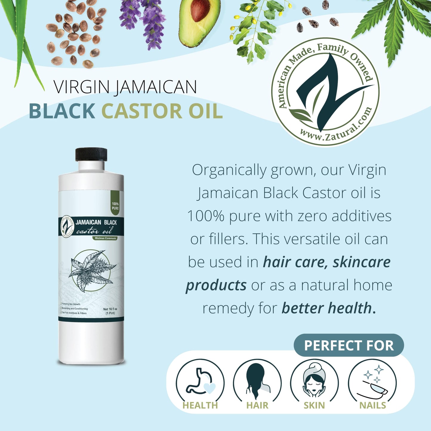Zatural 100% Pure Jamaican Black Castor Oil | Tropic Roasted & Pressed Oil for Hair Conditioning, Skin Hydration & Eyelash Softening (16 Fl Oz)