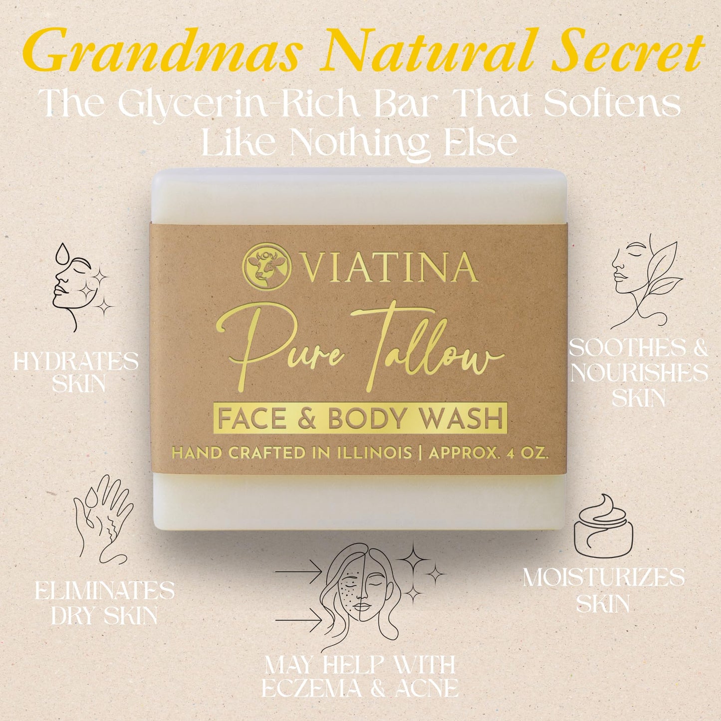 Viatina Beef Tallow Soap Bar - All Natural Grass Fed Beef Tallow - No artificial fragrances - Handcrafted in Illinois - 3 Pack