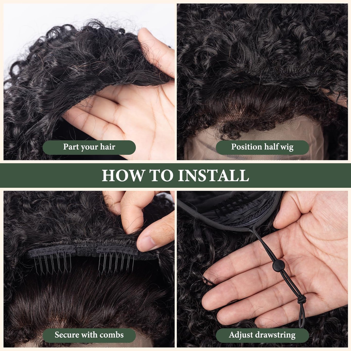 Prosa Kinky Curly Half Wig, 3-in-1 Synthetic Hair with Drawstring Headband, Clip-in Glueless Seamless Flip Over Design, Color 1B, for Women (20inch)