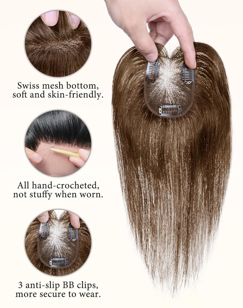 Real Human Hair Toppers for Women - 360° Clip-On Bangs for Daily Wear | 10 Inch Brown