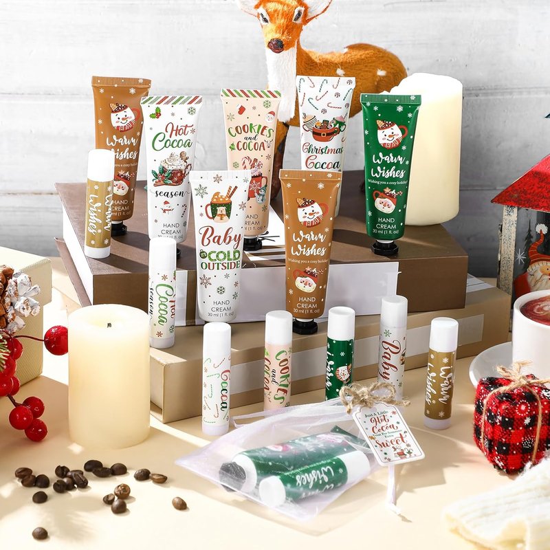 24 Pcs Christmas Hot Cocoa Party Favors - Hand Cream & Lip Balm Gift Set | Red & Green Xmas Stocking Stuffers