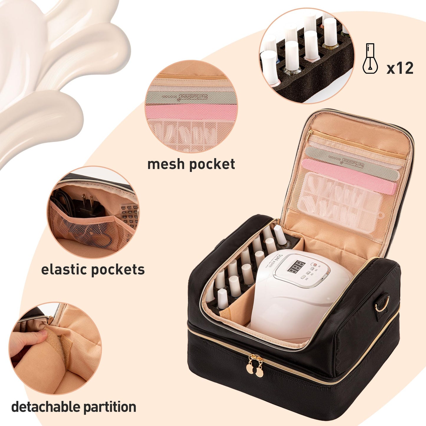 KGMCARE Nail Polish Organizer Case, Nail Supplies Storage Holds 60 Bottles Nail Polish & Nail Lamp Gel Nail Travel Carrying Bag for Nail Kit (Black)
