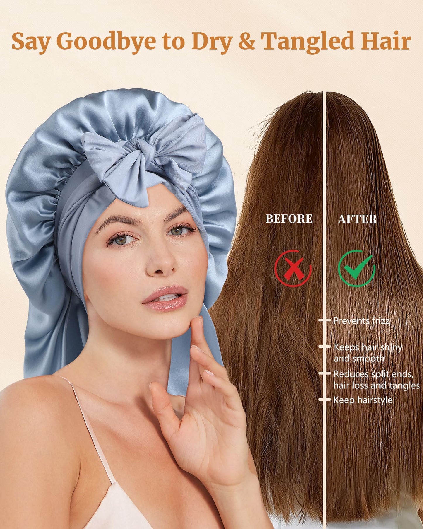 AWAYTR 100% Mulberry Silk Bonnet for Long Hair Sleeping Women Kids