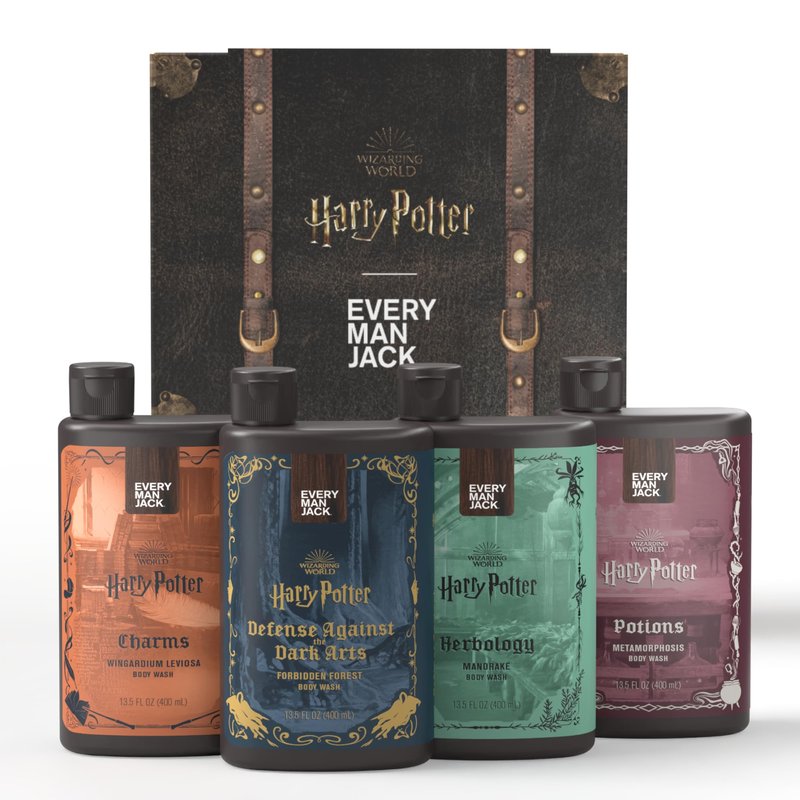 Every Man Jack Harry Potter Collectors Men's Body Wash Gift Set - Includes 4 Body Washes with Clean Ingredients & Hogwarts Inspired Scents - Defense Against the Dark Arts, Charms, Herbology, Potions