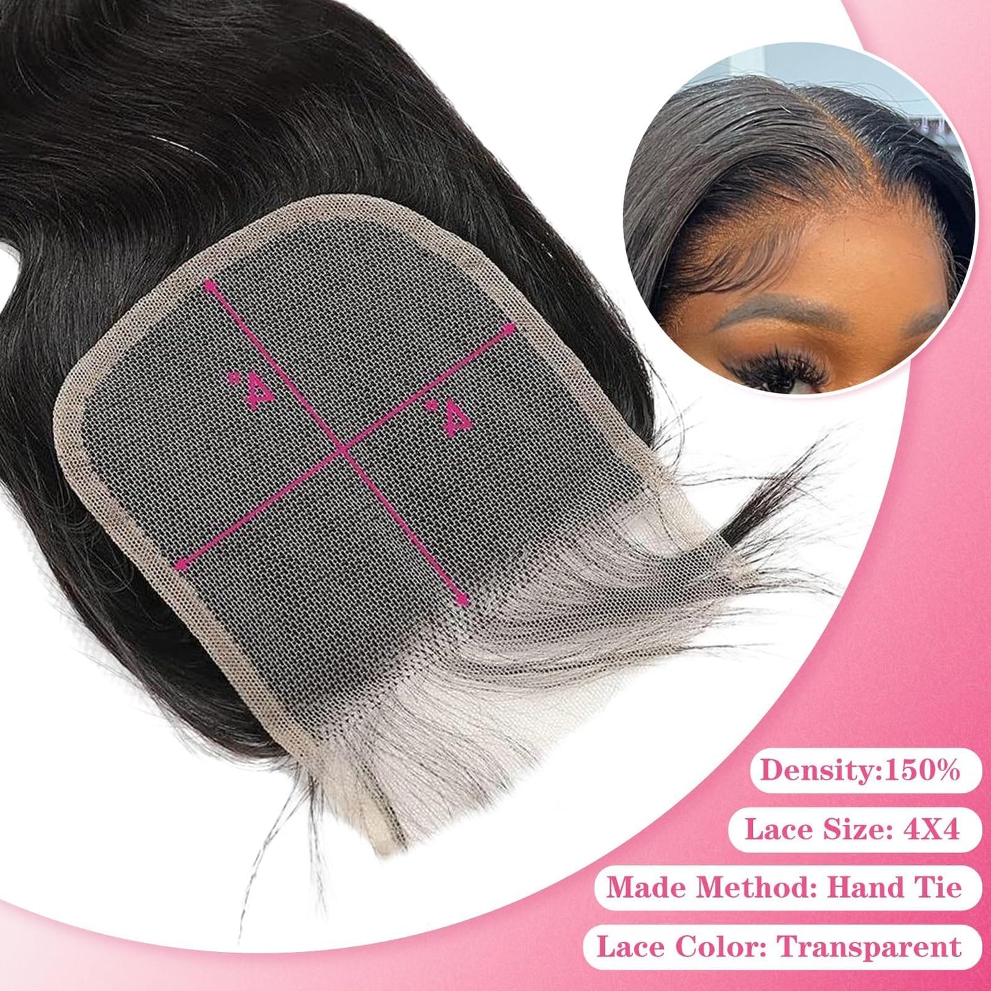 4x4 Lace Closure Human Hair Body Wave HD Lace Closure 20 Inch Free Part 100% Brazilian Virgin Human Hair Extensions 150% Density Pre Plucked Natural Black Color