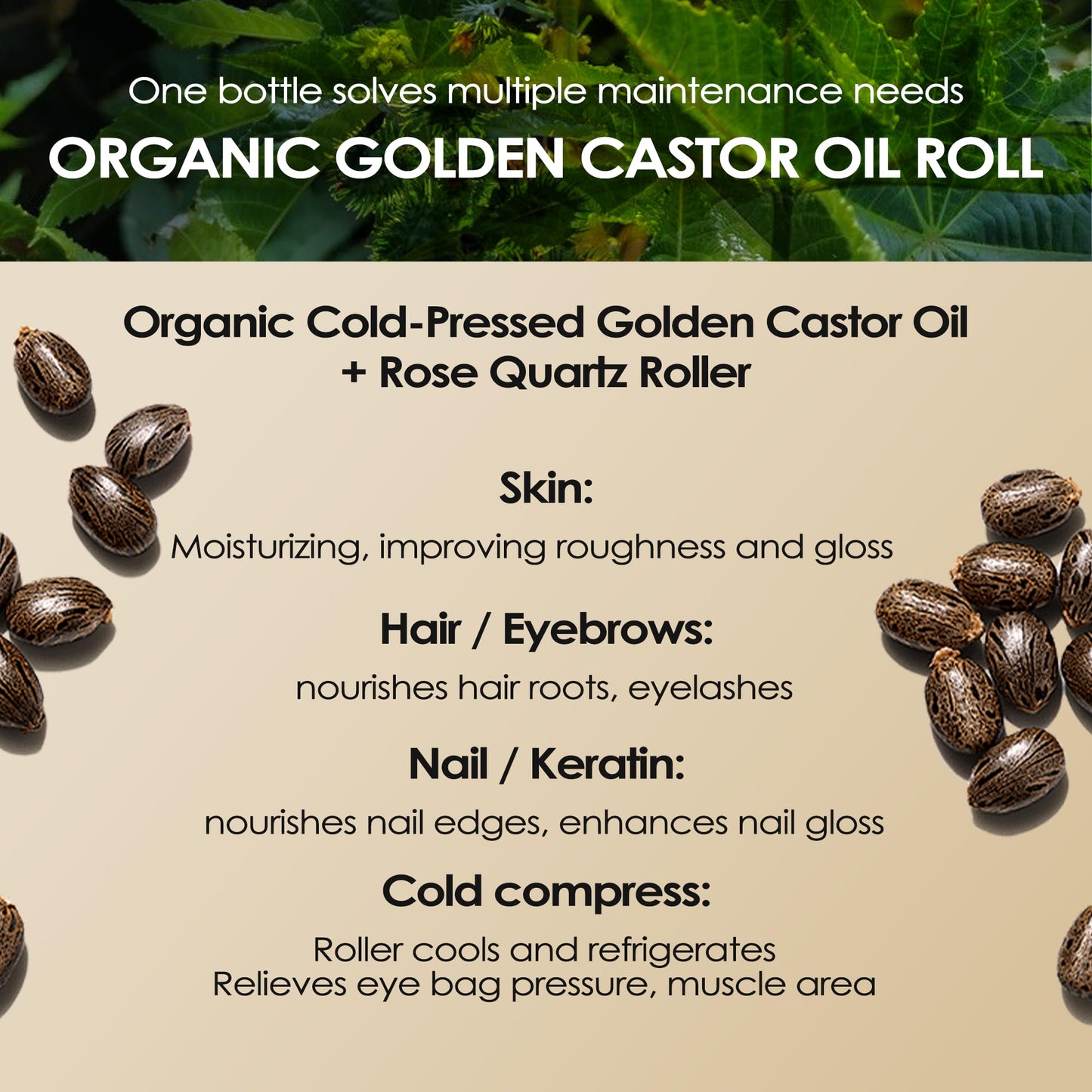 ipxkwll Castor Oil Rose Quartz Roller Ball, 100% Pure Cold-Pressed & Unrefined - Rose Quartz Castor Oil Roller for Hair Growth, Eyelashes, Eyebrows & Skin (1)