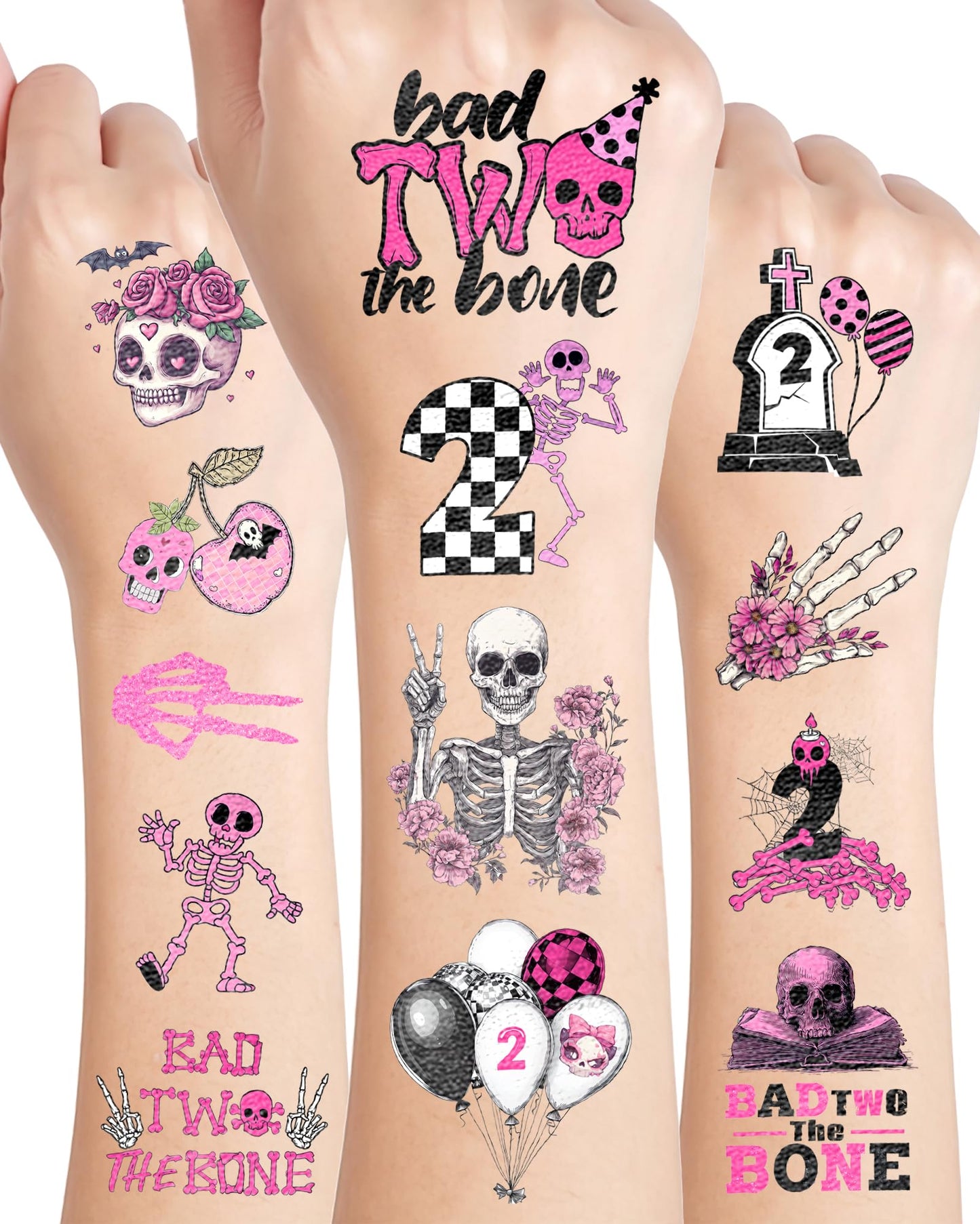 192 Pieces Bad Two The Bone Black and Pink Temporary Tattoos Stickers,20 Sheets 2nd Birthday Skeleton Themed Tattoos Stickers Party Decoration Supplies Party favors