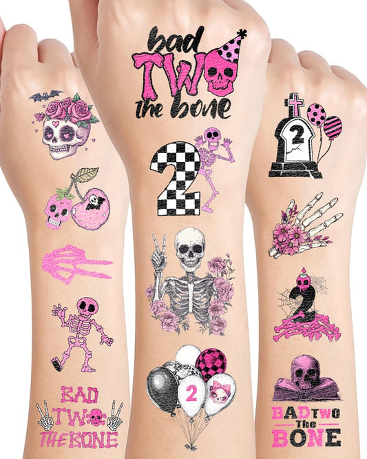 192 Pieces Bad Two The Bone Black and Pink Temporary Tattoos Stickers,20 Sheets 2nd Birthday Skeleton Themed Tattoos Stickers Party Decoration Supplies Party favors