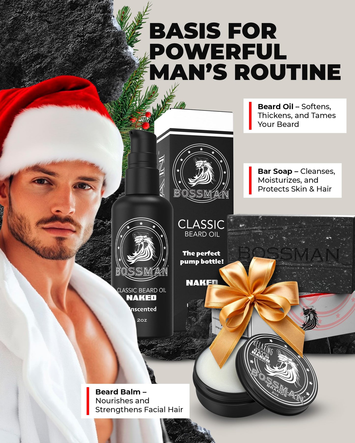 Bossman Starter Beard Kit for Men – Dad Gift for Father's Day, Beard Oil (2 oz), Beard Balm & Bar Soap – Natural & Organic Grooming Kit – Made in the USA Men Gift Set (Naked – Unscented)