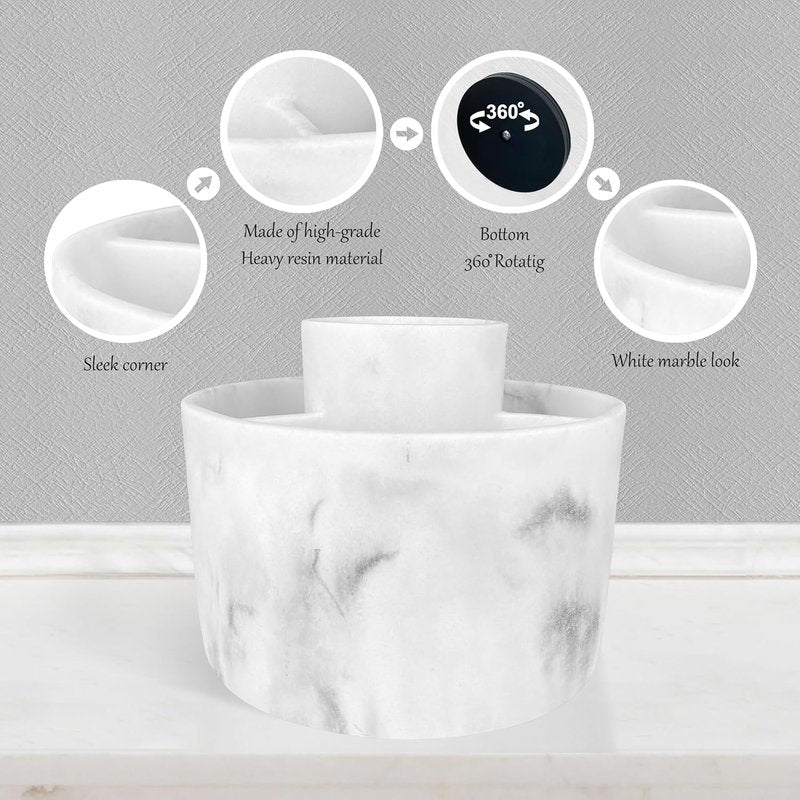 Makeup Brush Holder Organizer - 360° Rotating Resin Case | 4 Slot White Marble Storage for Cosmetics & Tools