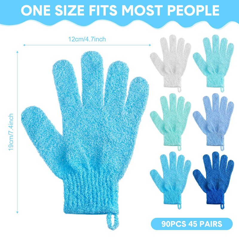 Cuffbow 90 Pcs 45 Pairs Exfoliating Double Sided Bath Gloves with Hanging Loop Colorful Body Shower Gloves for Men Women Beauty Spa Massage Clean Shower Skin Bathing Scrubber Accessories(Blue)