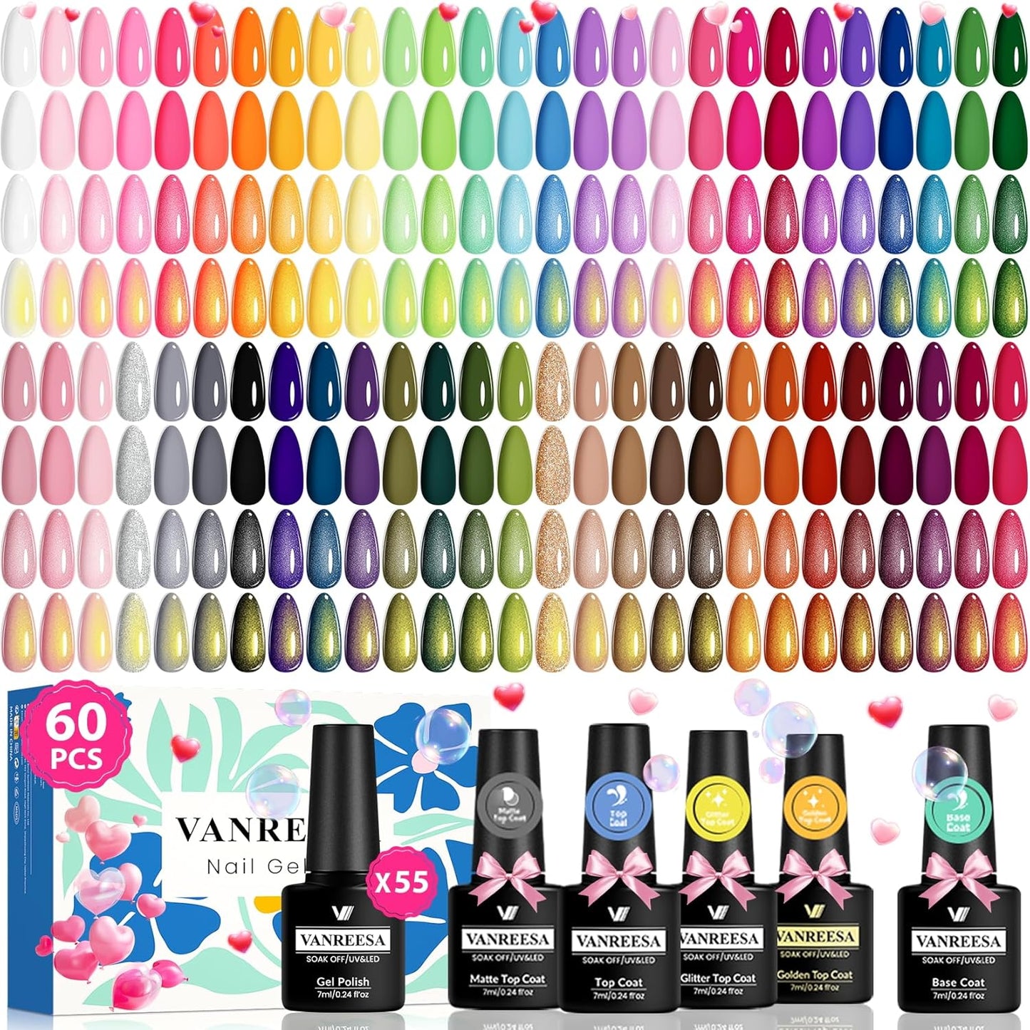 VANREESA 60 Pcs Gel Nail Polish Set - 55 Vibrant Colors for All Seasons | Base & Top Coats Included