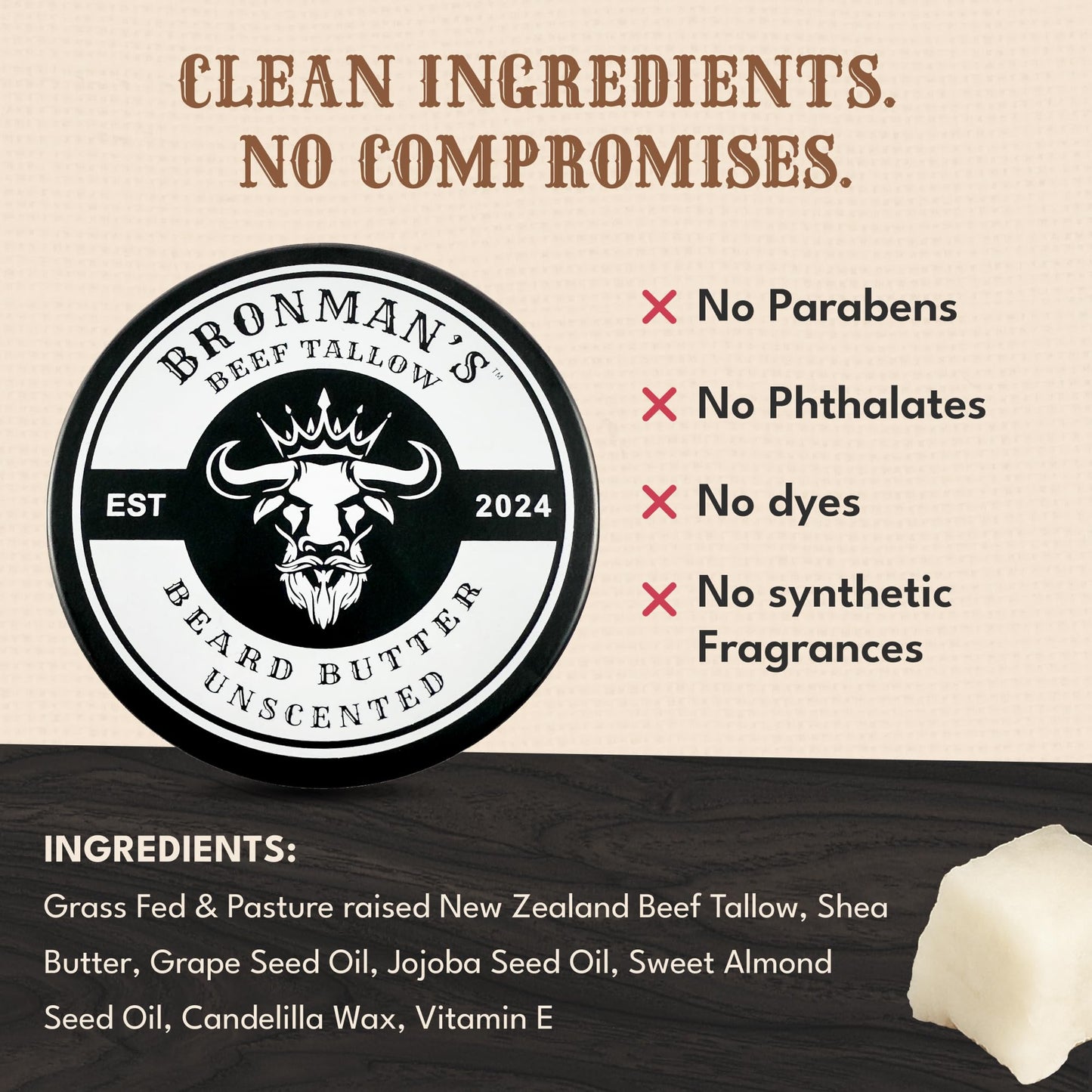 Bronmans Beef Tallow Beard Butter for Men - 4oz - Hydrating Unscented Beard and Skin Balm with Shea Butter - Deeply Moisturizing Tallow